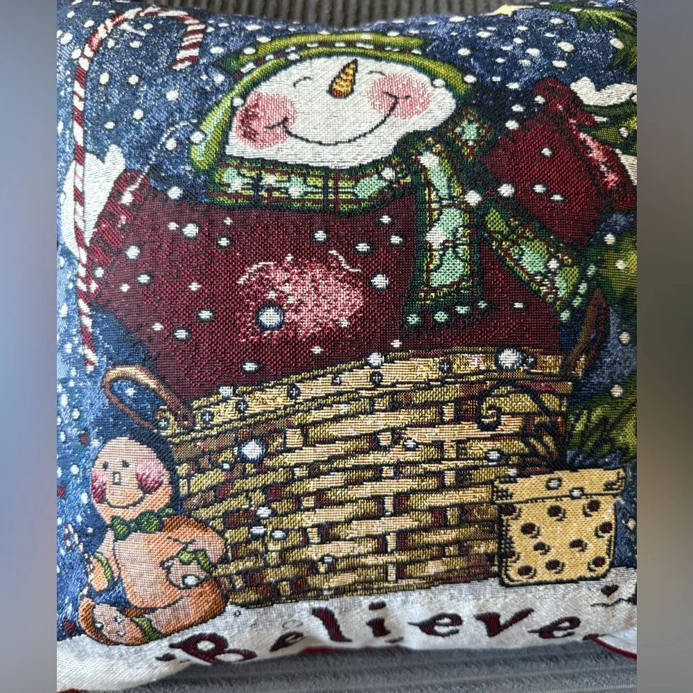 Longaberger Snowman Tapestry Gingerbread Holiday Pillow Red and Green Accents